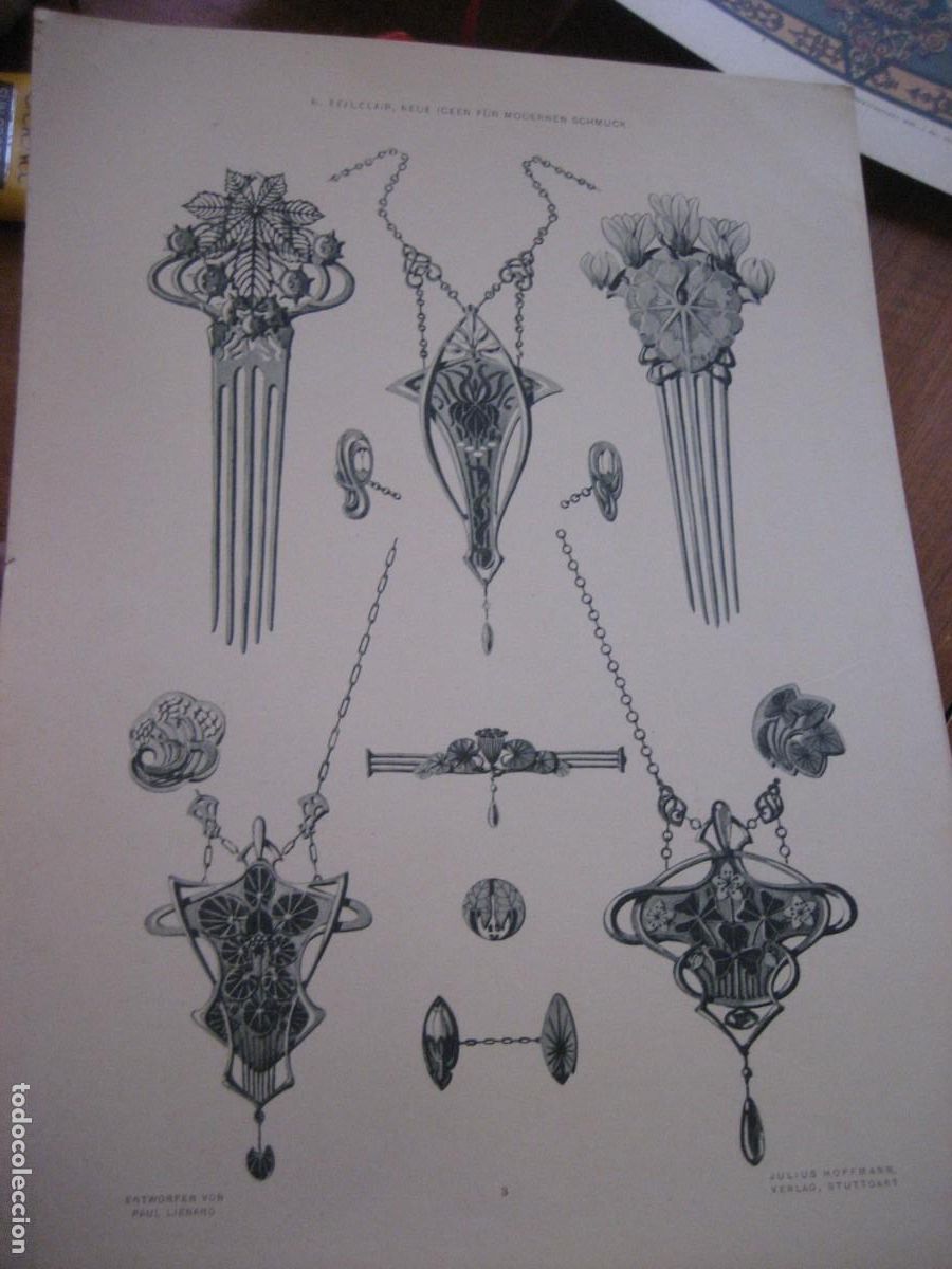 Arte: L&aacute;mina antigua bocetos para broches decoracion art dec&oacute; . Lienard Verlag Hoffmann Sttutgart s XIX