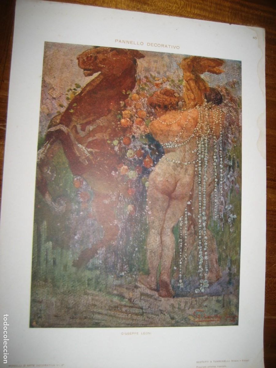 Arte: L&aacute;mina antigua panel decorativo . G Leoni Verlag Hoffmann Sttutgart s XIX mujer caballo