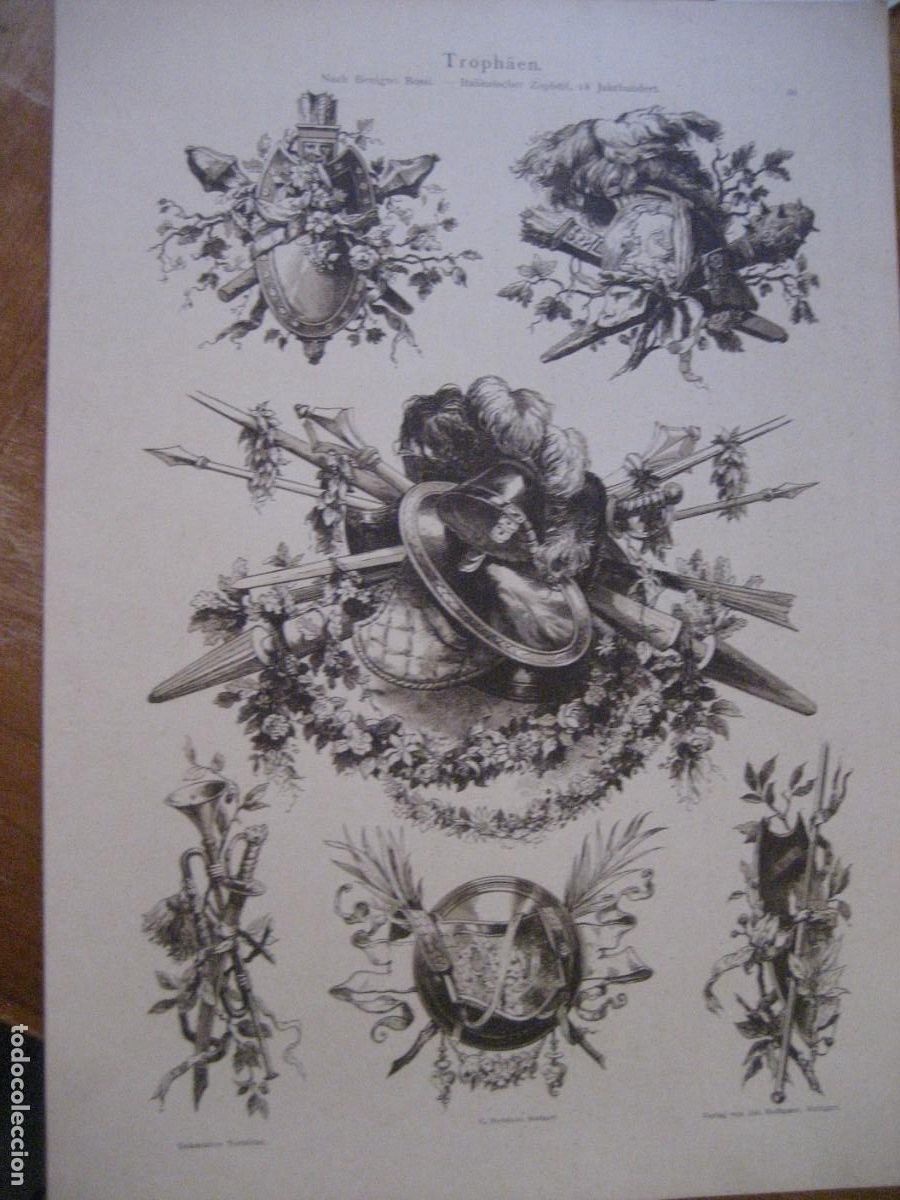 Arte: L&aacute;mina antigua Trofeos Dekorative Vorbilder Verlag Hoffmann Sttutgart s XIX