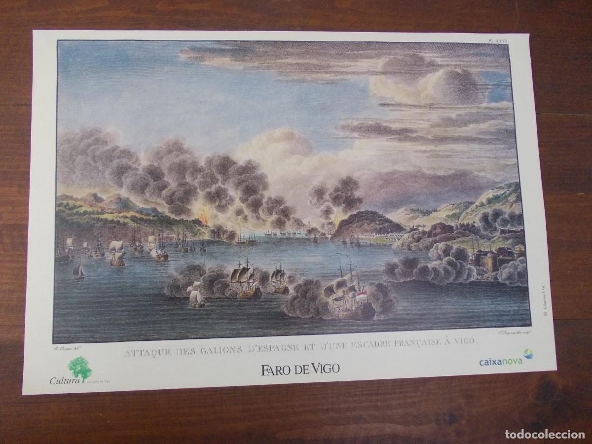 Arte: L&aacute;mina Attaque des Galions d&rsquo;Espagne R.P.A. edici&oacute;n cultural Vigo batalla naval hist&oacute;rico ca&ntilde;ones