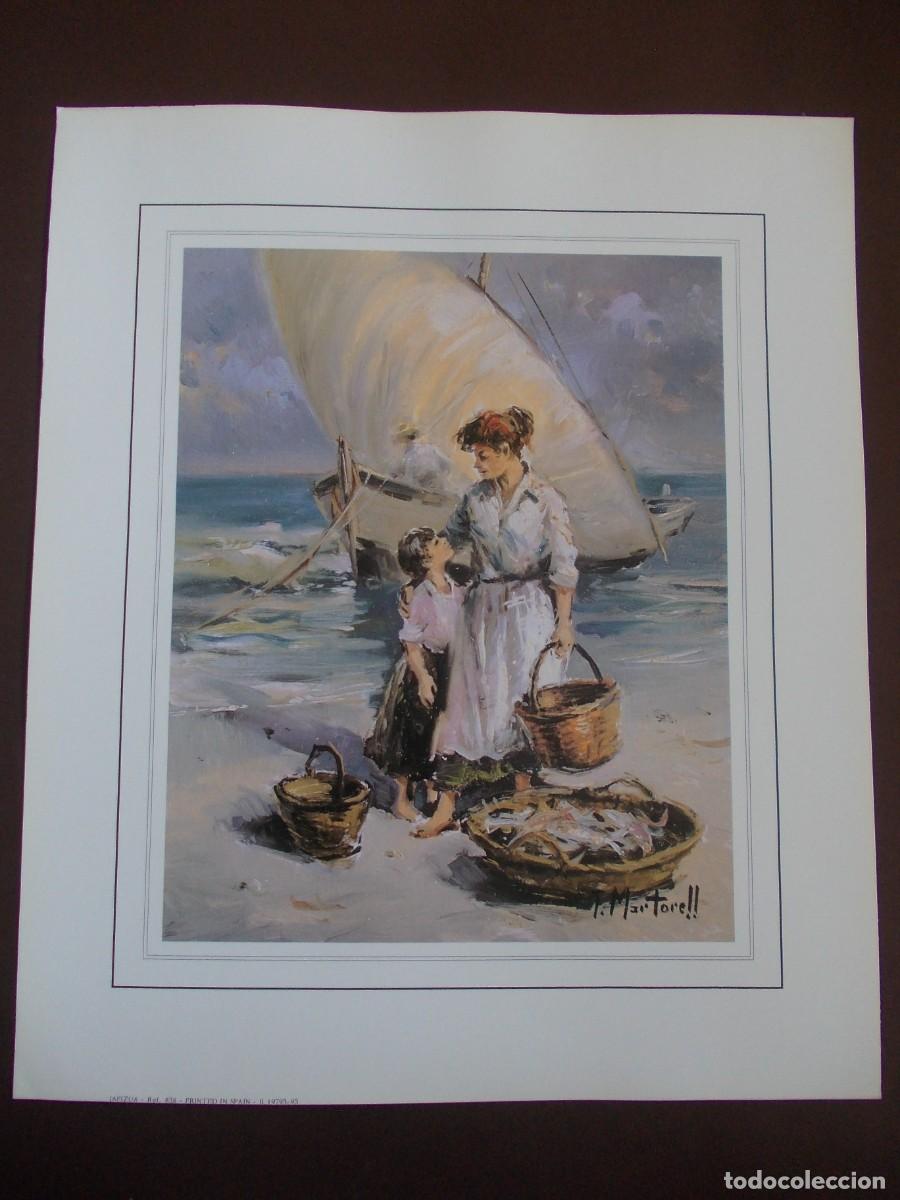 Kunst: L&aacute;mina Japizua Escena marinera mujer ni&ntilde;o velero y cestos de pesca T Martarell costumbrismo rural