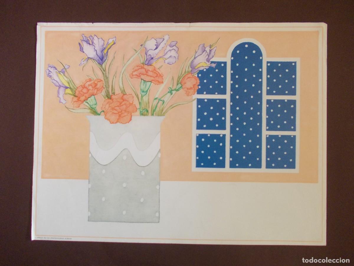Arte: L&aacute;mina Flores claveles e iris junto a ventana azul estilo decorativo edici&oacute;n Japizua Ref 315