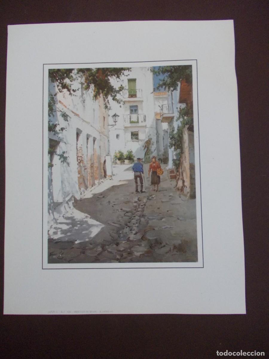 Arte: L&aacute;mina Calle mediterr&aacute;nea con casas blancas balcones y figuras al sol edici&oacute;n Japizua