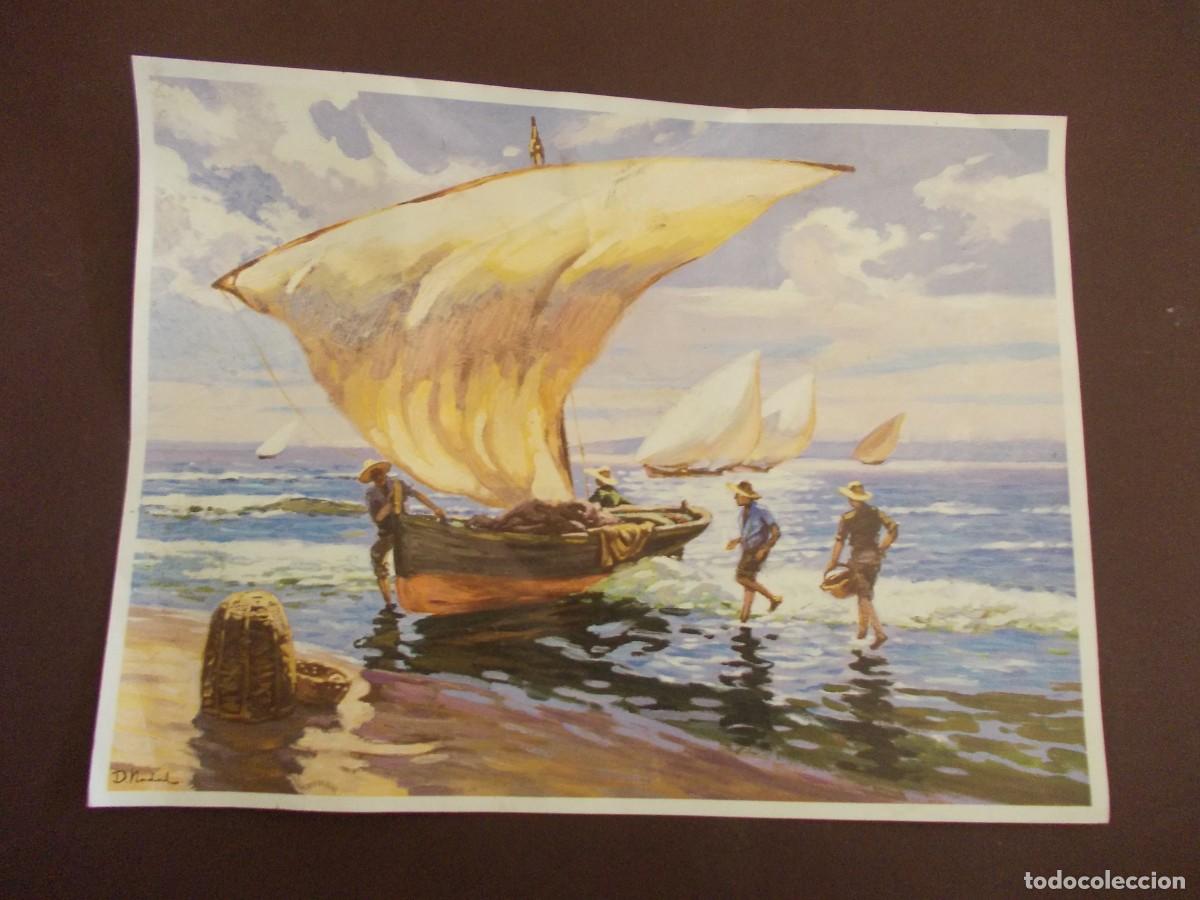 Arte: L&aacute;mina marina D Nadal escena costera con barcas JAPIZUA impresi&oacute;n espa&ntilde;ola n&aacute;utica