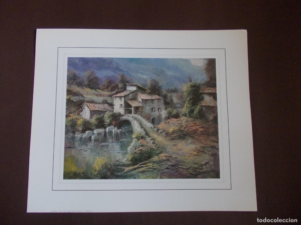 Arte: L&aacute;mina paisaje rural Lazzarotti puente de piedra casas antiguas edici&oacute;n JAPIZUA impresi&oacute;n espa&ntilde;ola