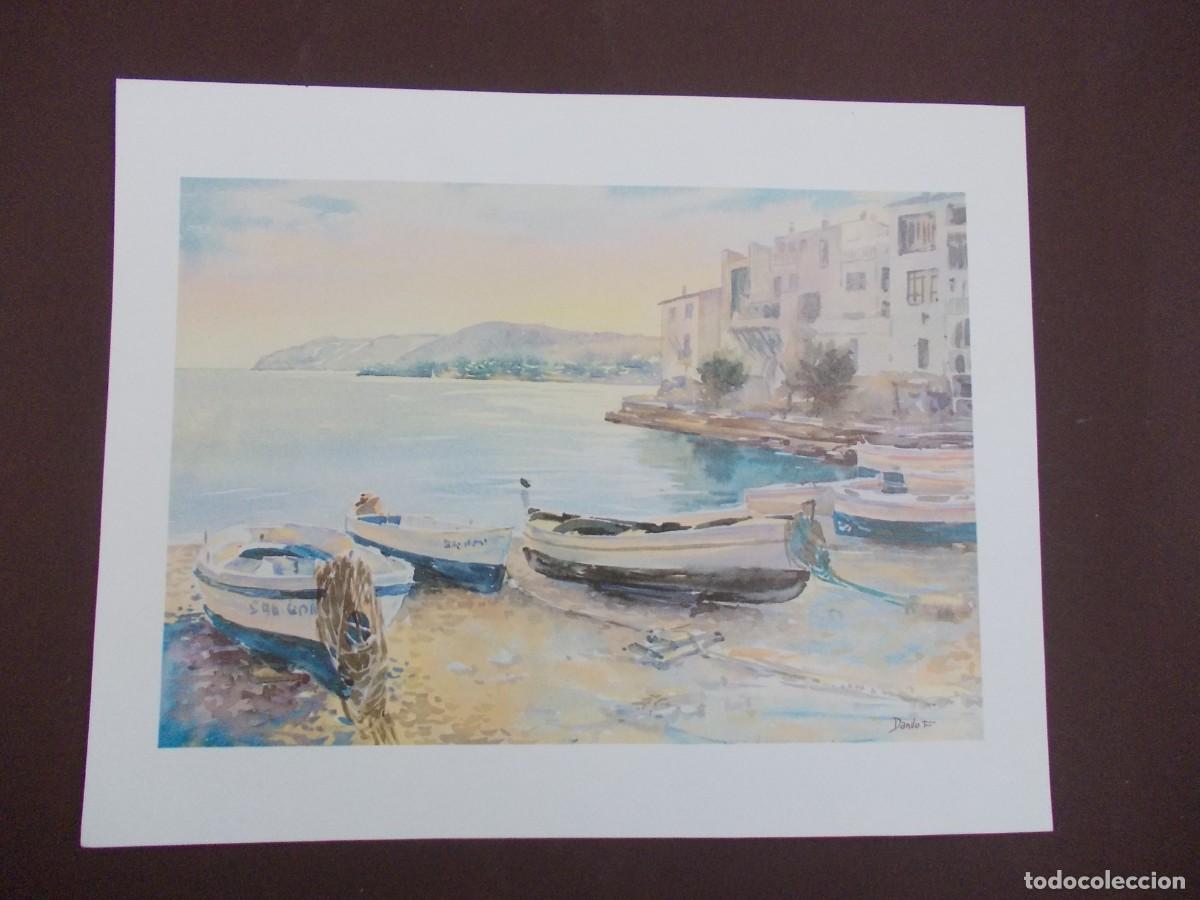 Arte: L&aacute;mina paisaje costero con barcas Danilo F edici&oacute;n Japizua a&ntilde;os 80 n&aacute;utico mediterr&aacute;neo