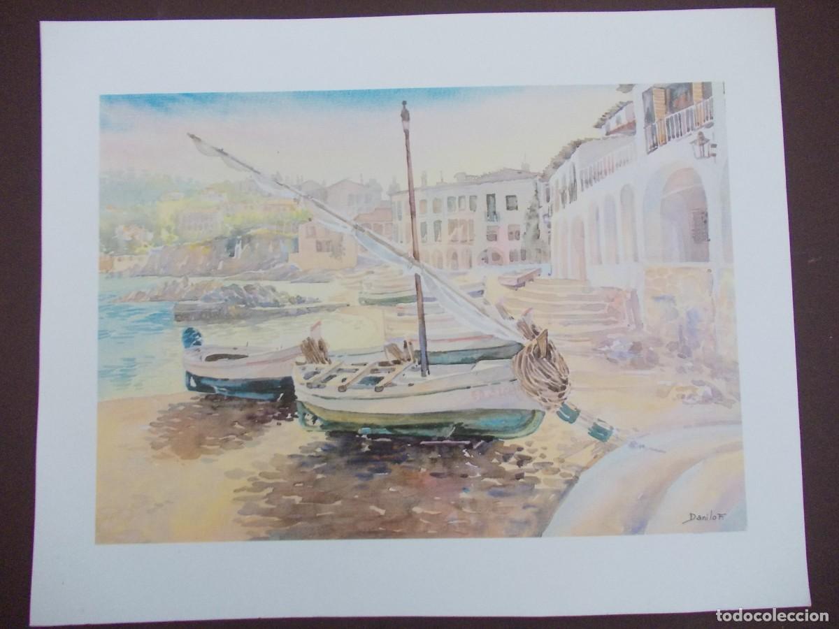 Arte: L&aacute;mina paisaje costero con barcas Danilo F edici&oacute;n Japizua a&ntilde;os 80 n&aacute;utico mediterr&aacute;neo