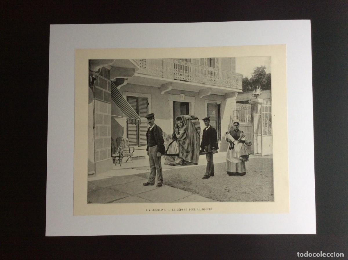 Art: Aix - Les bains - Le d&eacute;part pour le douche. L&aacute;mina fotogr. monocrom&aacute;tica ddo s&eacute;culo XIX. Lind&iacute;ssima
