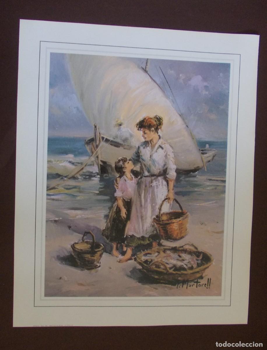 Arte: L&aacute;mina marinera costera con pescadora y ni&ntilde;a en la costa mediterr&aacute;nea trabajo T. Martorell edici&oacute;n J