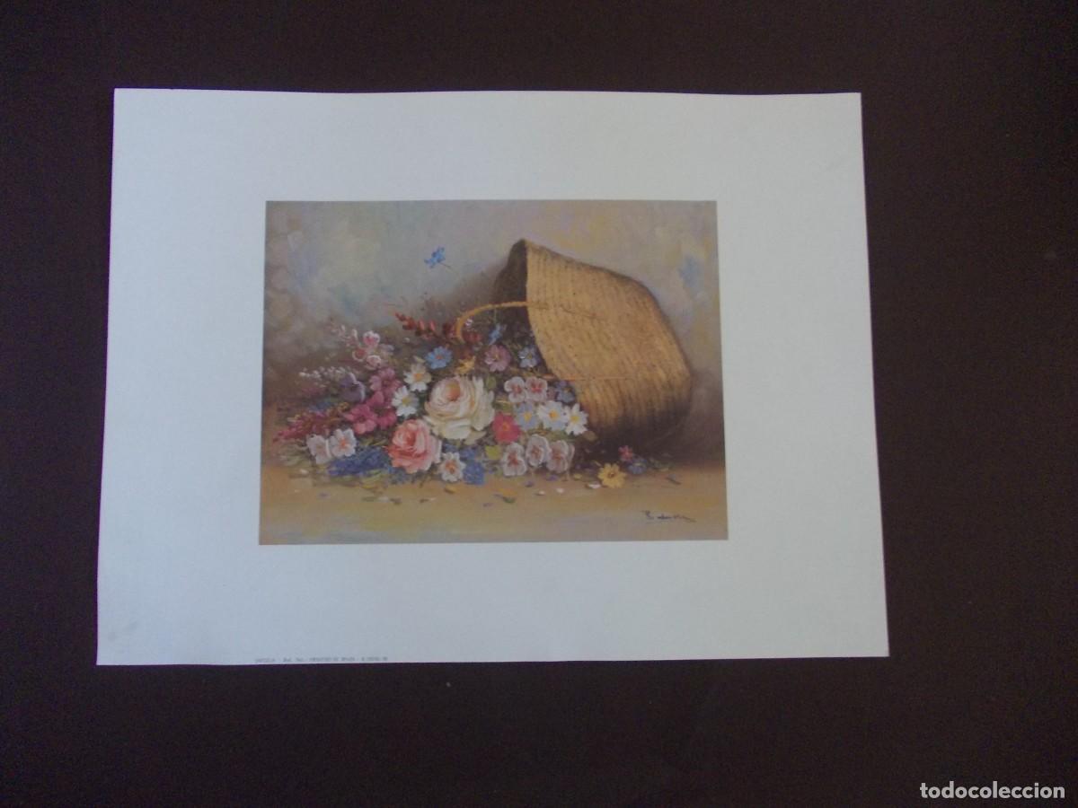 Arte: L&aacute;mina cesto volcado con flores R. Tora JAPIZUA naturaleza muerta vintage decoraci&oacute;n floral