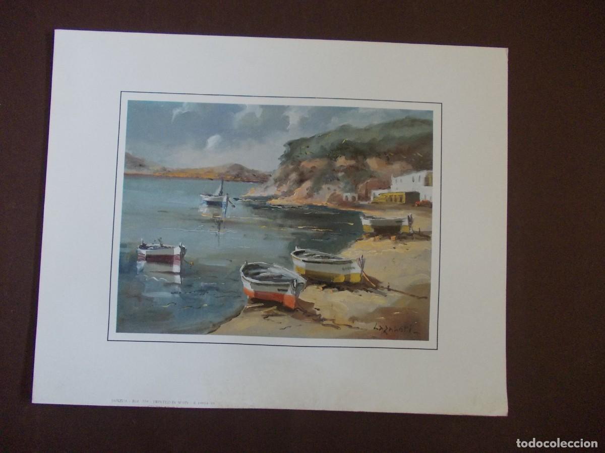 Arte: L&aacute;mina pueblo costero con barcas Lazanoti Japizua paisaje marino decoraci&oacute;n n&aacute;utica