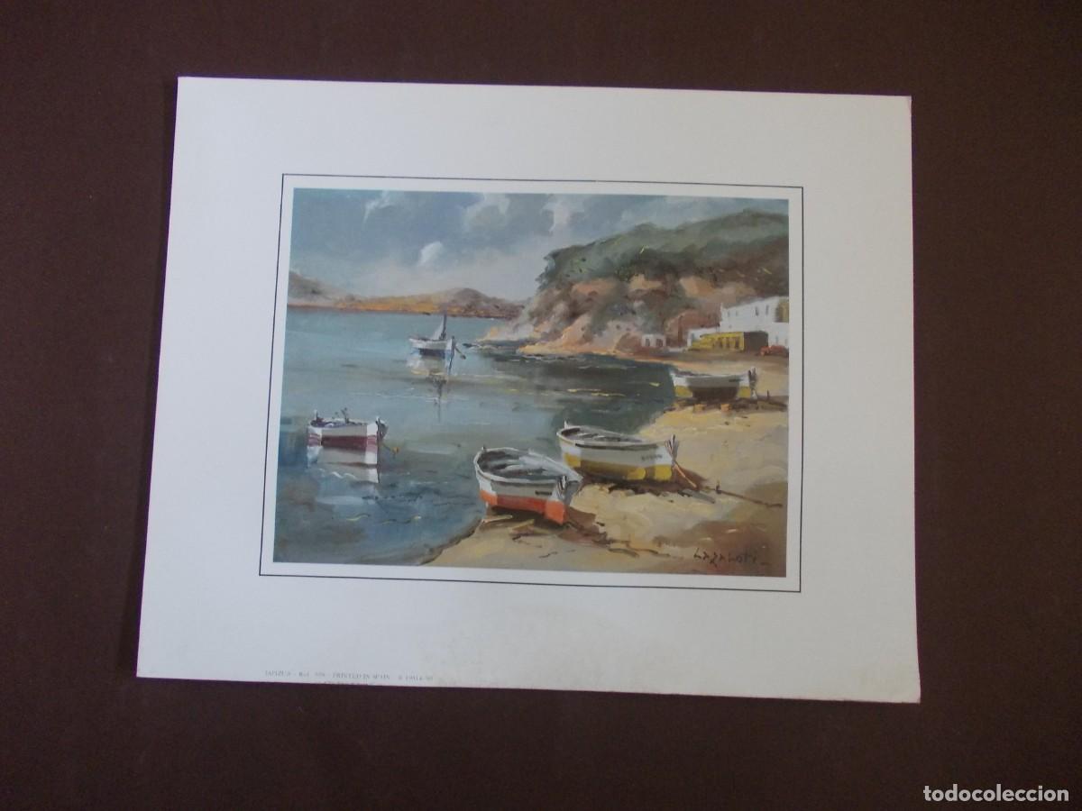 Arte: L&aacute;mina pueblo costero con barcas Lazanoti Japizua paisaje mar&iacute;timo