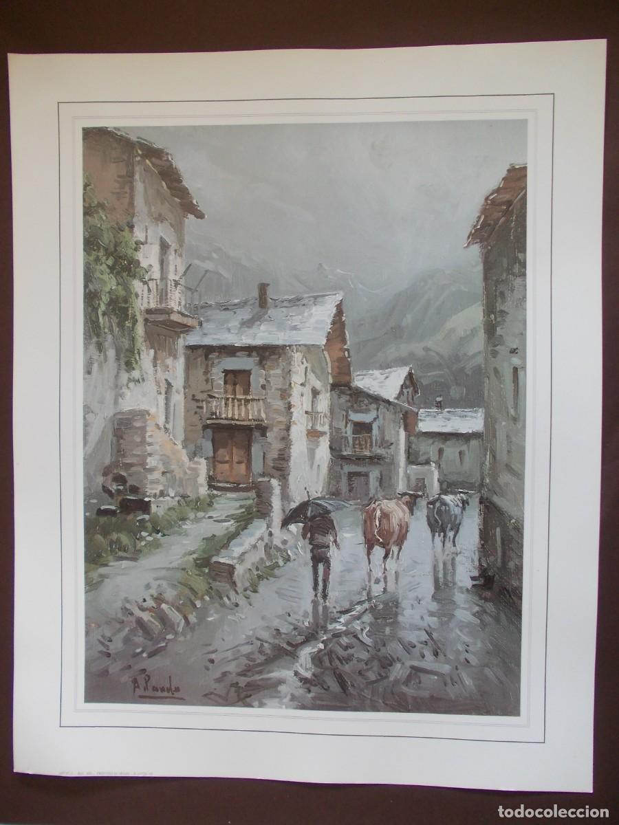 Arte: L&aacute;mina calle de aldea bajo la lluvia pastor vacas A. Pindo JAPIZUA escena rural pueblo monta&ntilde;a