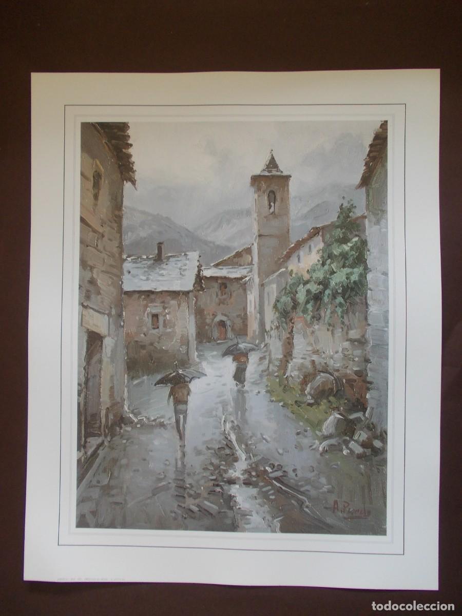 Arte: L&aacute;mina rural calle de aldea bajo la lluvia A. Pindo JAPIZUA escena pueblo monta&ntilde;a