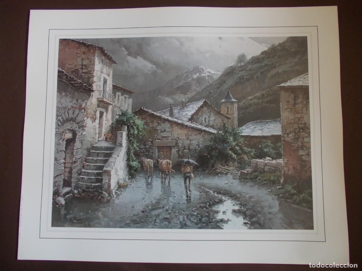 Arte: L&aacute;mina pueblo de monta&ntilde;a calle de aldea en d&iacute;a gris A. Pindo JAPIZUA escena rural pastor y vacas