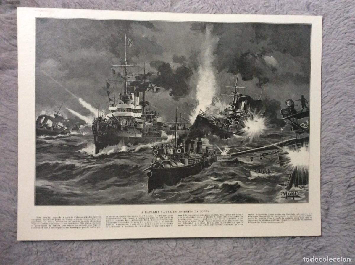 Arte: A Batalha naval do estreito da Cor&ecirc;a, 27 e 28 de maio de 1905. L&aacute;mina original de 1905