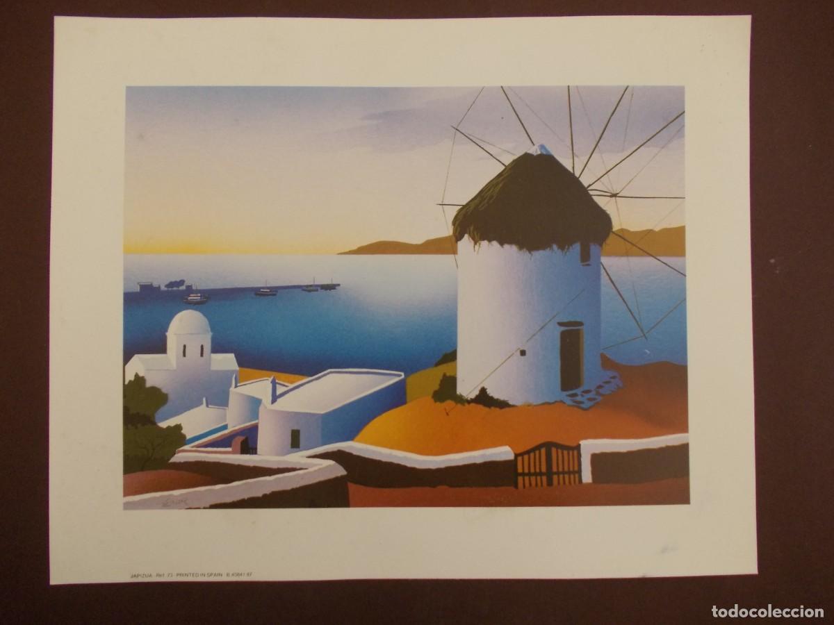 Arte: L&aacute;mina Molino mediterr&aacute;neo con casas blancas mar azul y barcos Giner edici&oacute;n Japizua escena costera