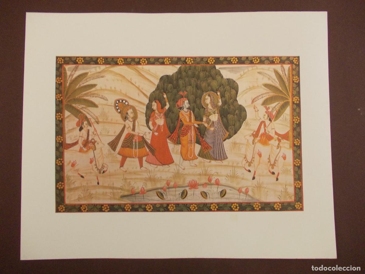 Arte: L&aacute;mina india con danza ritual m&uacute;sicos y paisaje vegetal estilo tradicional edici&oacute;n Japizua