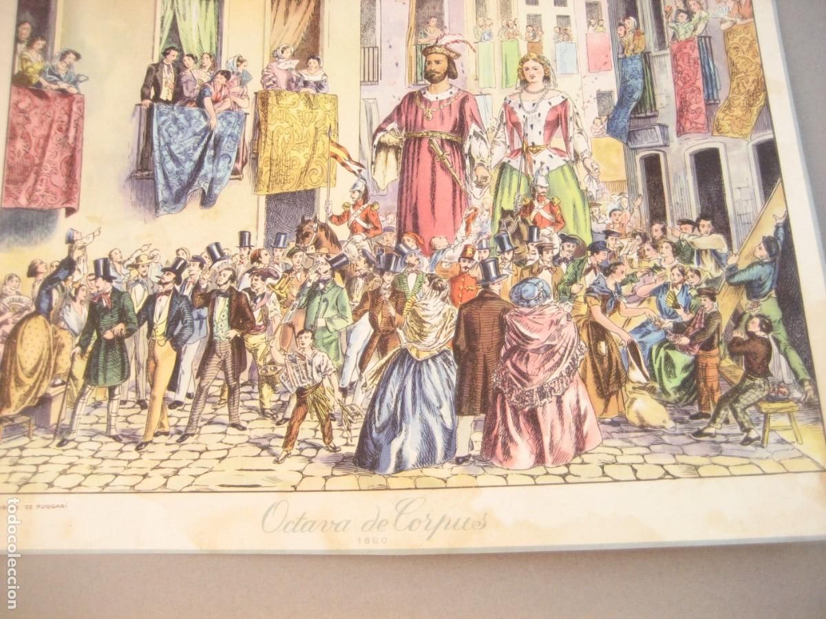Arte: antigua l&aacute;mina Octava de Corpus . Puiggar&iacute; . gigantes litografia coloreada 24/18 cm