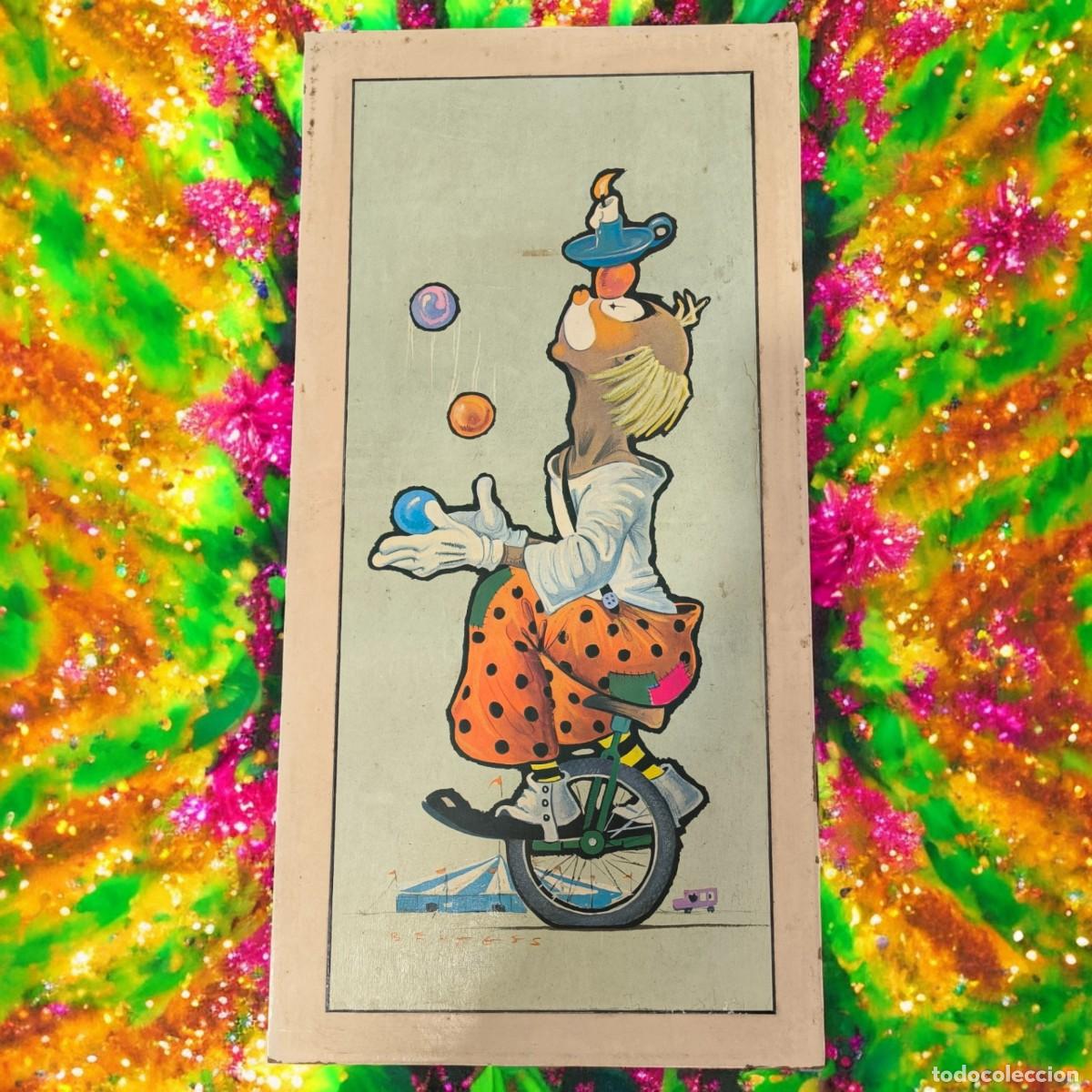 Arte: Cuadro L&aacute;mina Vintage Sobre Madera &ndash; Payaso Malabarista En Monociclo &ndash; Arte Retro De Circo