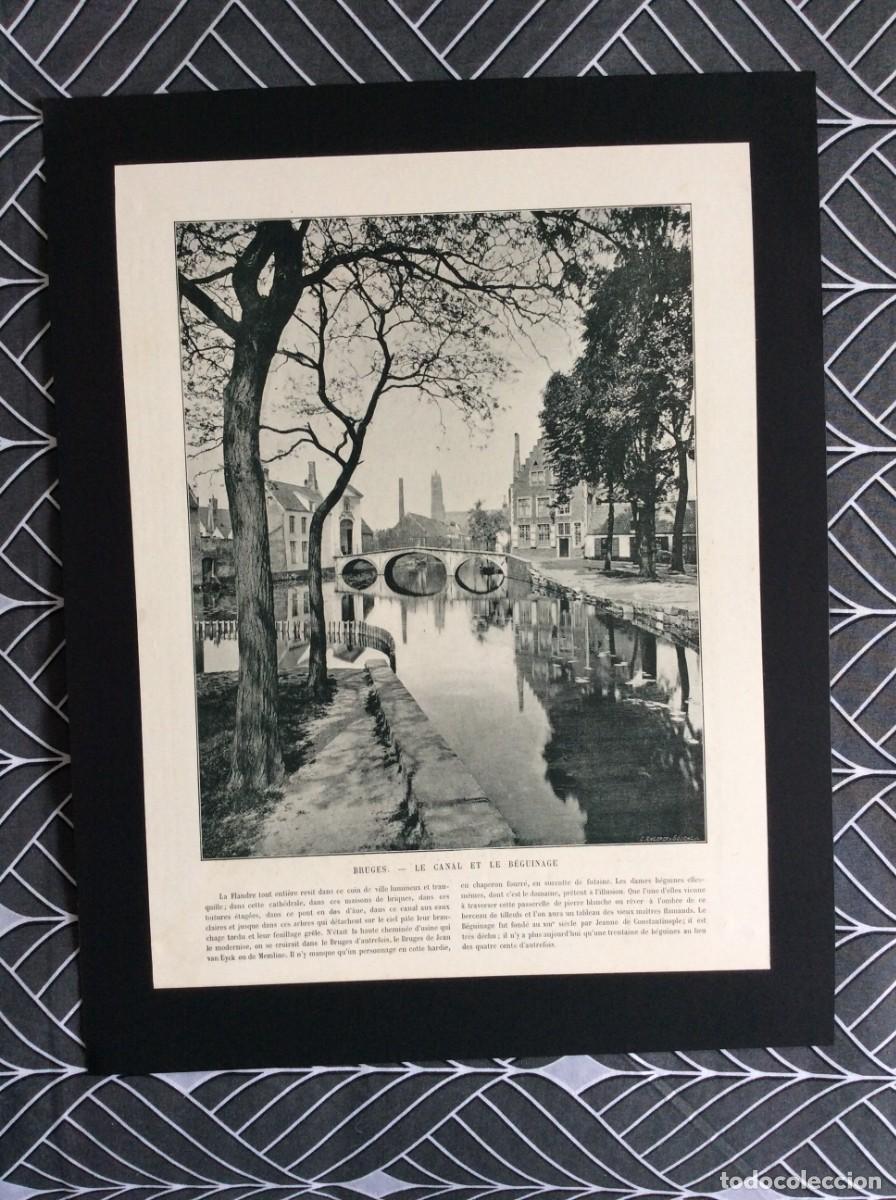 Arte: Bruges - Le Canal et le B&eacute;guinage. L&aacute;mina fotogr&aacute;fica monocrom&aacute;tica do s&eacute;culo XIX