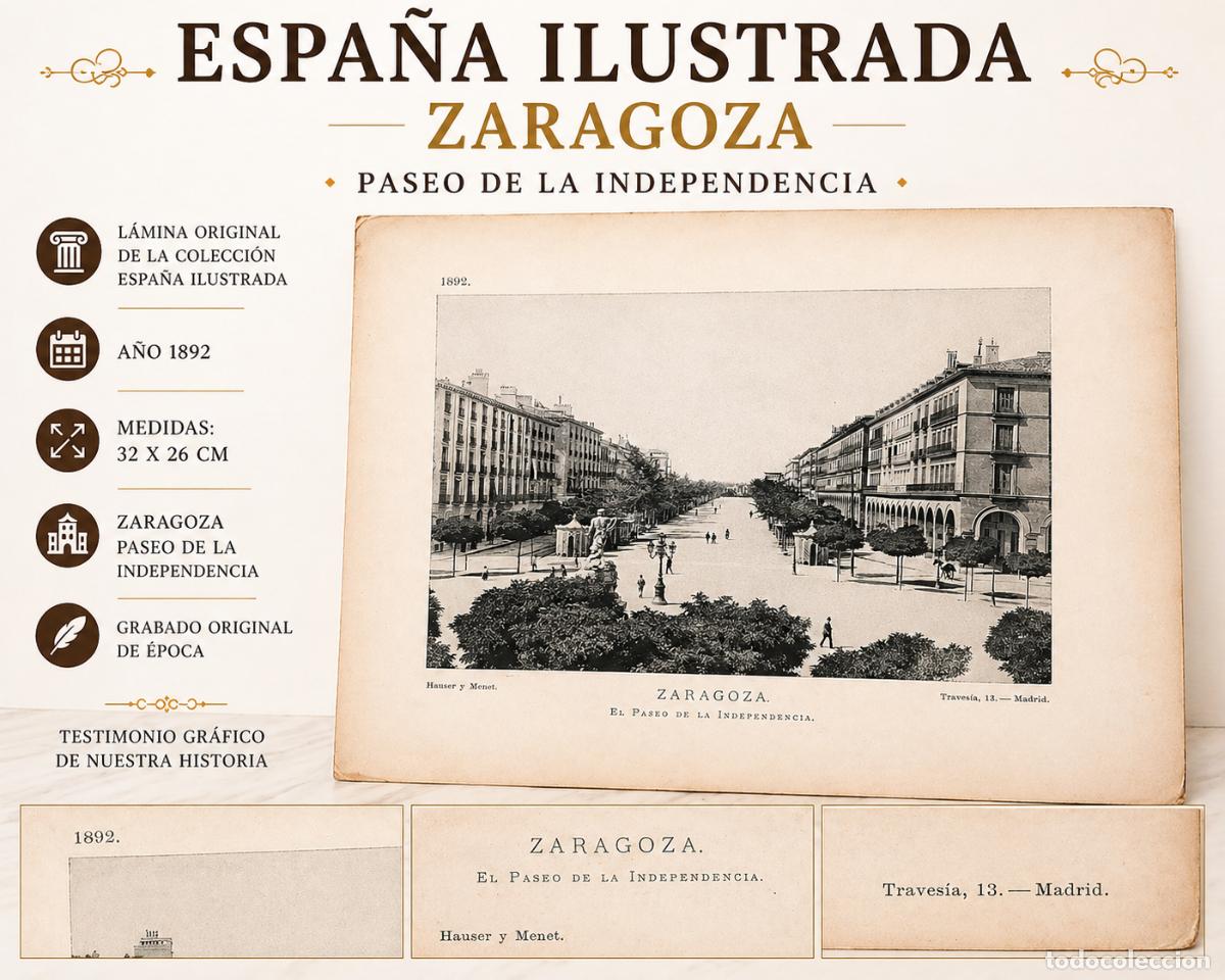 Arte: A&Ntilde;O 1892 !! ZARAGOZA / LA ESPA&Ntilde;A ILUSTRADA / PASEO / L&Aacute;MINA 32X26 CM. / HAUSER Y MENET