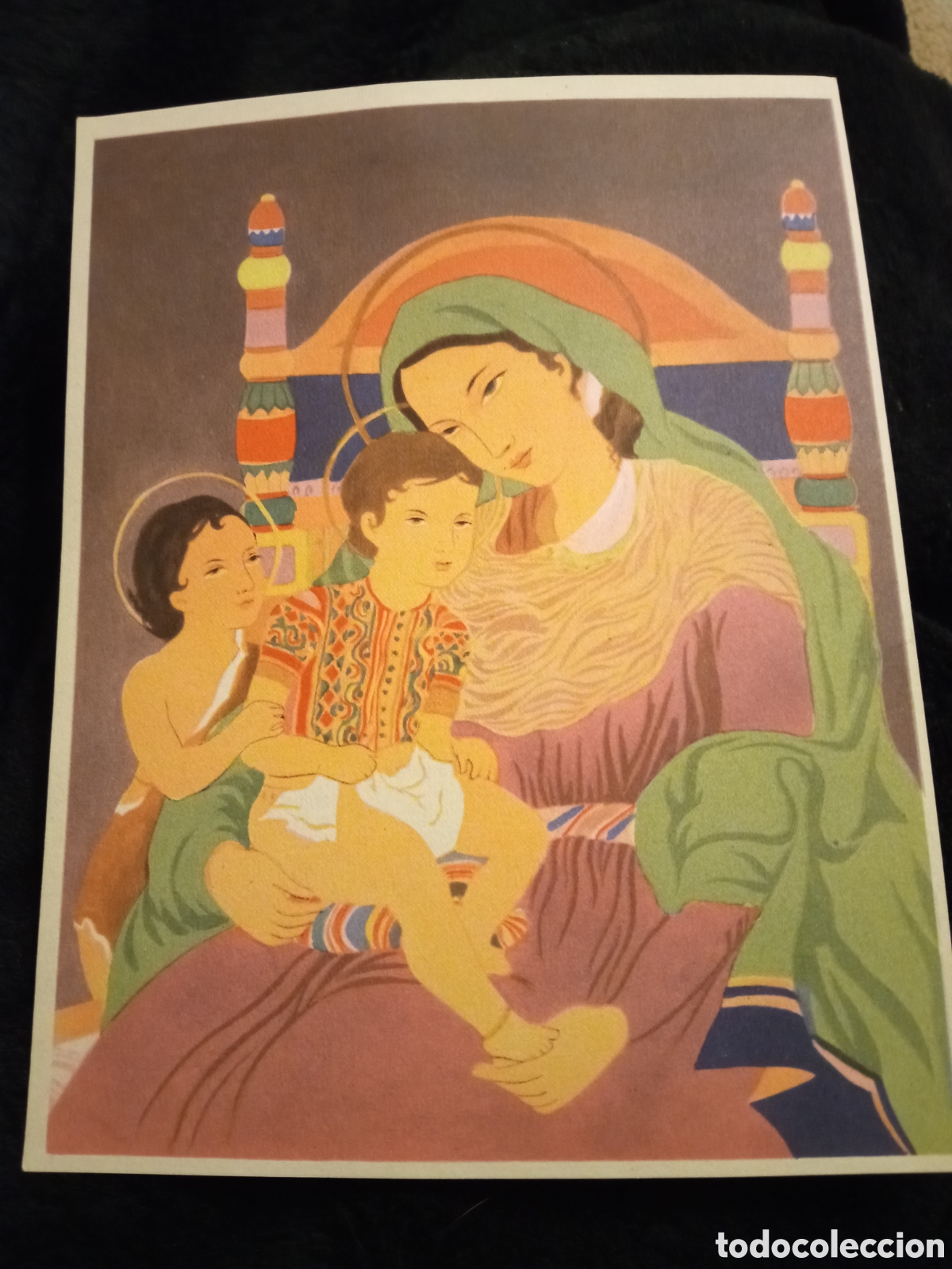 Arte: Antigua l&aacute;mina, La Virgen Maria, Jes&uacute;s y San Juan Bautista, motivo de India, mide 15,6x12cm