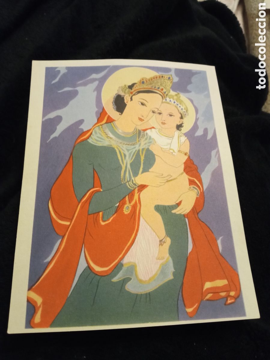 Arte: Antigua l&aacute;mina, La Virgen y el Ni&ntilde;o, motivo de India, mide 15,6x12cm