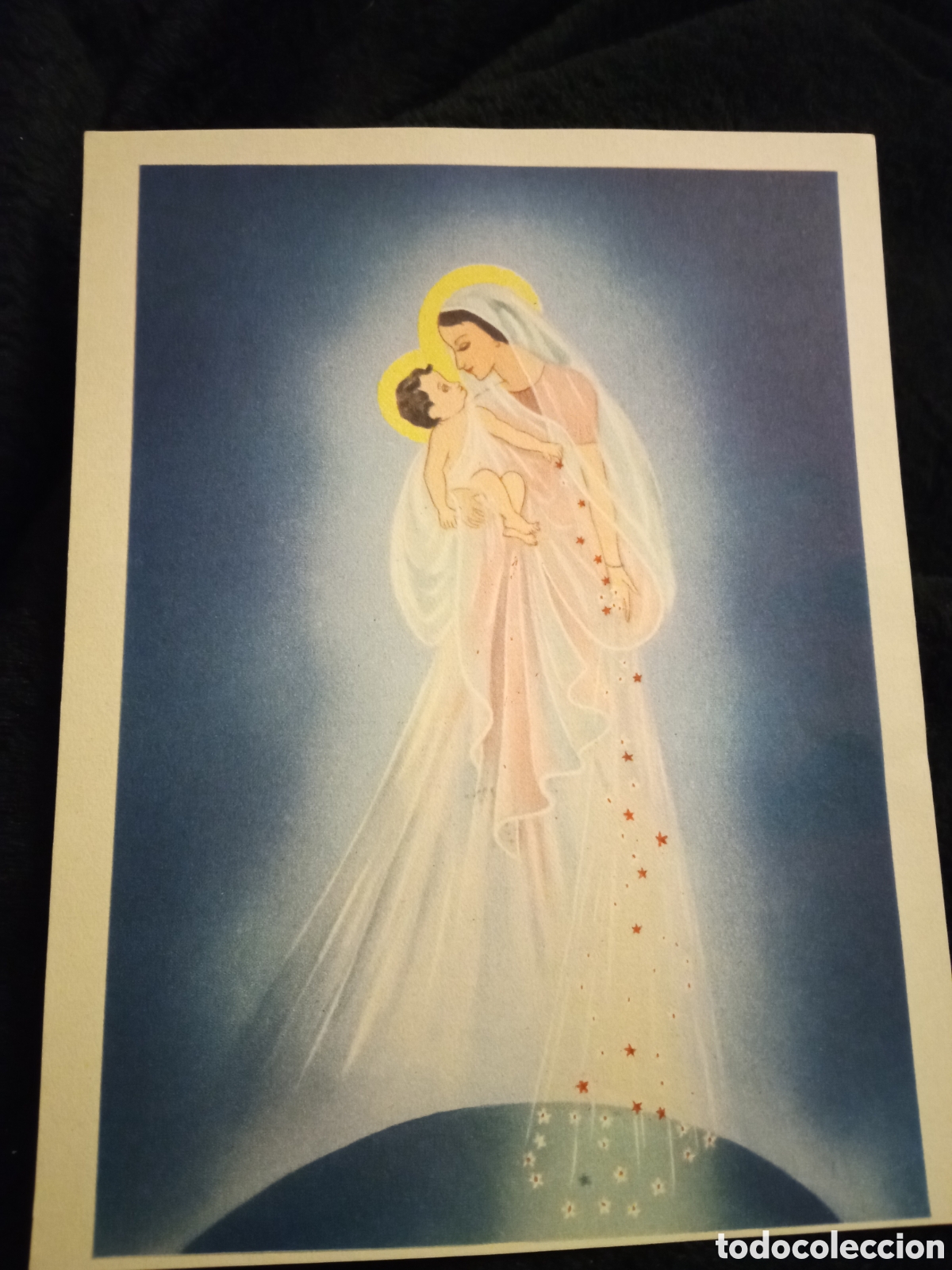 Arte: Antigua l&aacute;mina, La Virgen y el Ni&ntilde;o Jes&uacute;s, motivo de India, mide 15,6x12cm