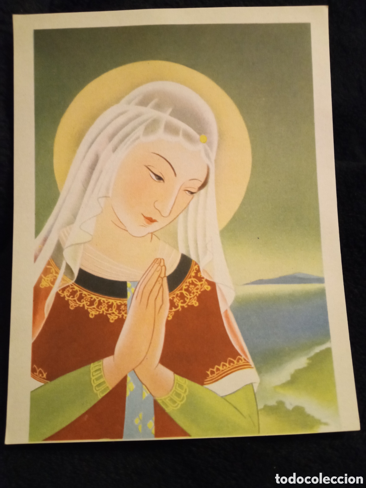 Arte: Antigua l&aacute;mina, La Virgen Maria, motivo japon&eacute;s, mide 15,6x12cm