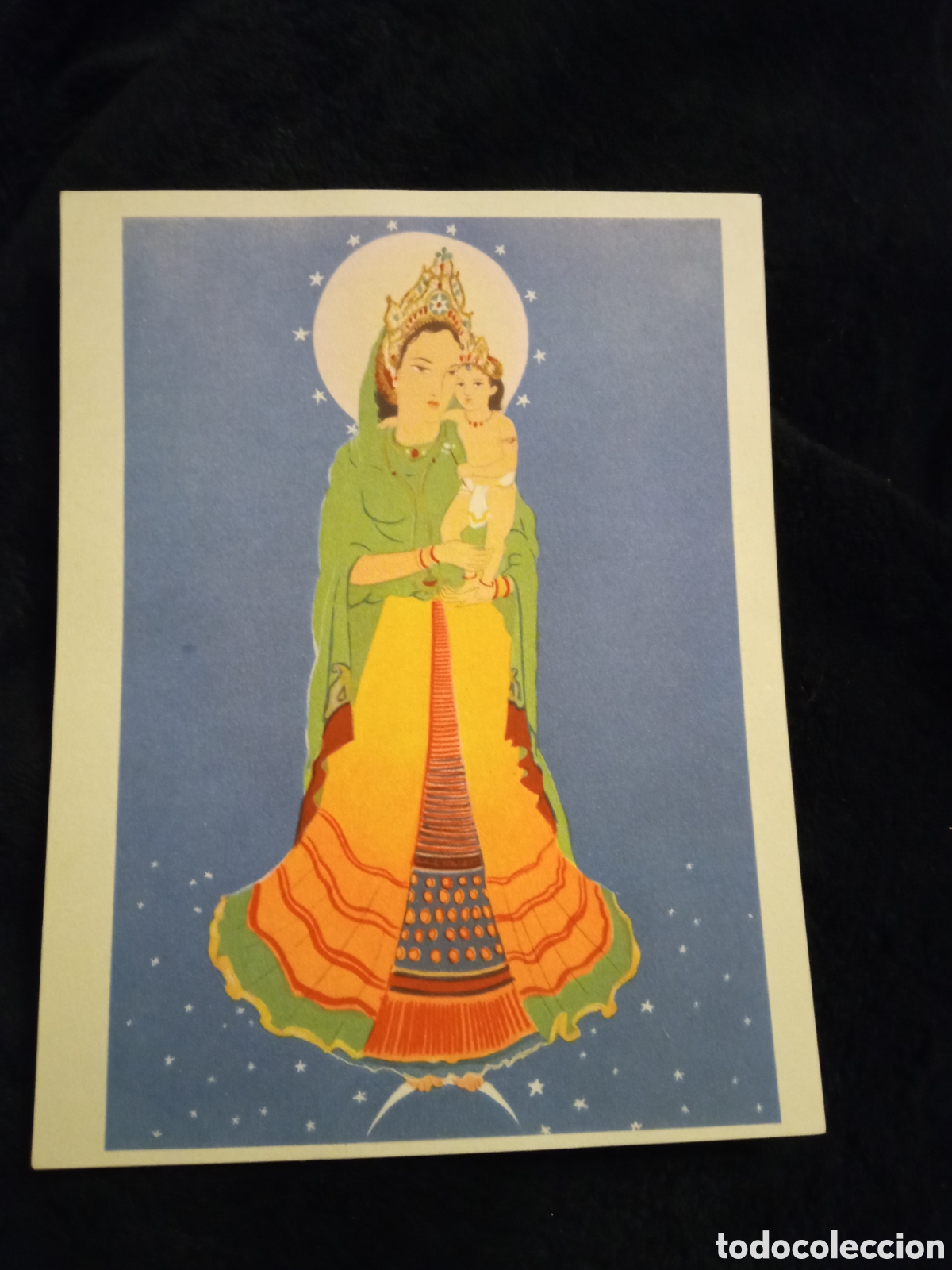 Arte: Antigua l&aacute;mina, La Virgen y el Ni&ntilde;o Jes&uacute;s, motivo de India, mide 15,6x12cm