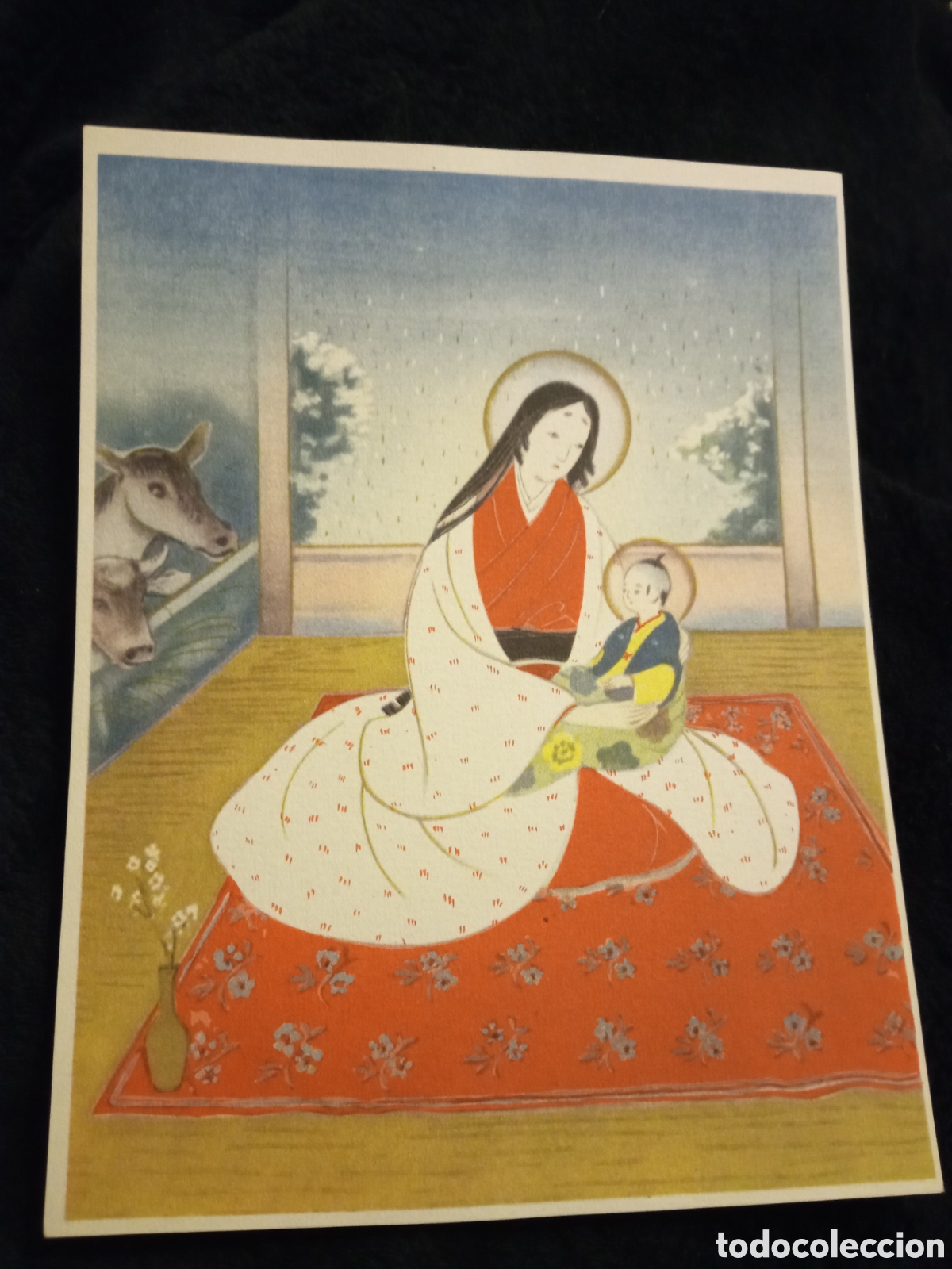 Arte: Antigua l&aacute;mina, La Virgen y el Ni&ntilde;o, motivo de Jap&oacute;n, mide 15,6x12cm