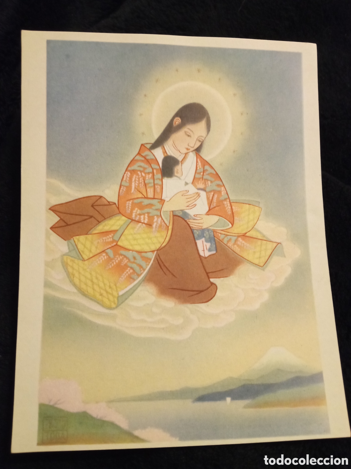 Arte: Antigua l&aacute;mina, La Virgen y el Ni&ntilde;o motivo de Jap&oacute;n, mide 15,6x12cm
