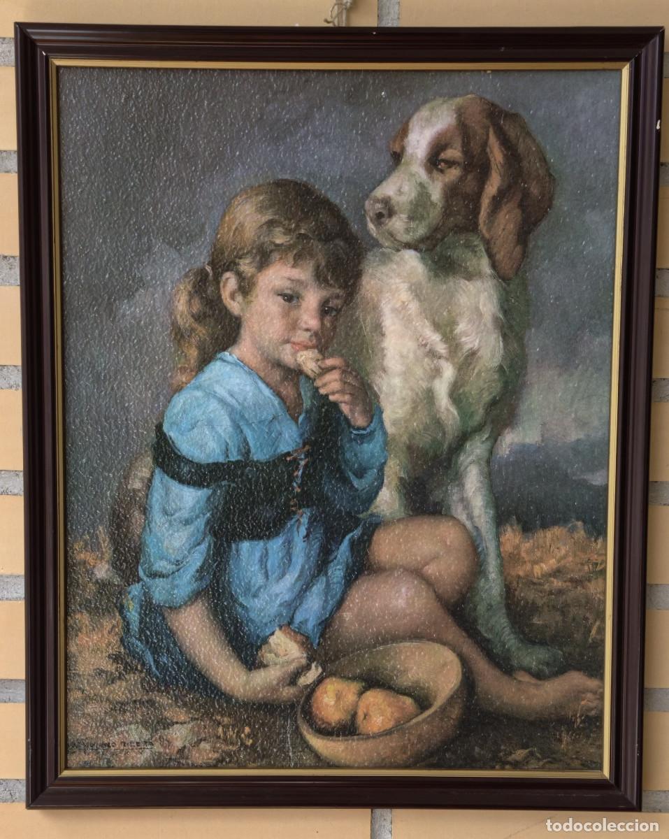Arte: Ni&ntilde;a con perro. L&aacute;mina barnizada sobre tablex. Obra de Francisco Ribera G&oacute;mez. 1966.