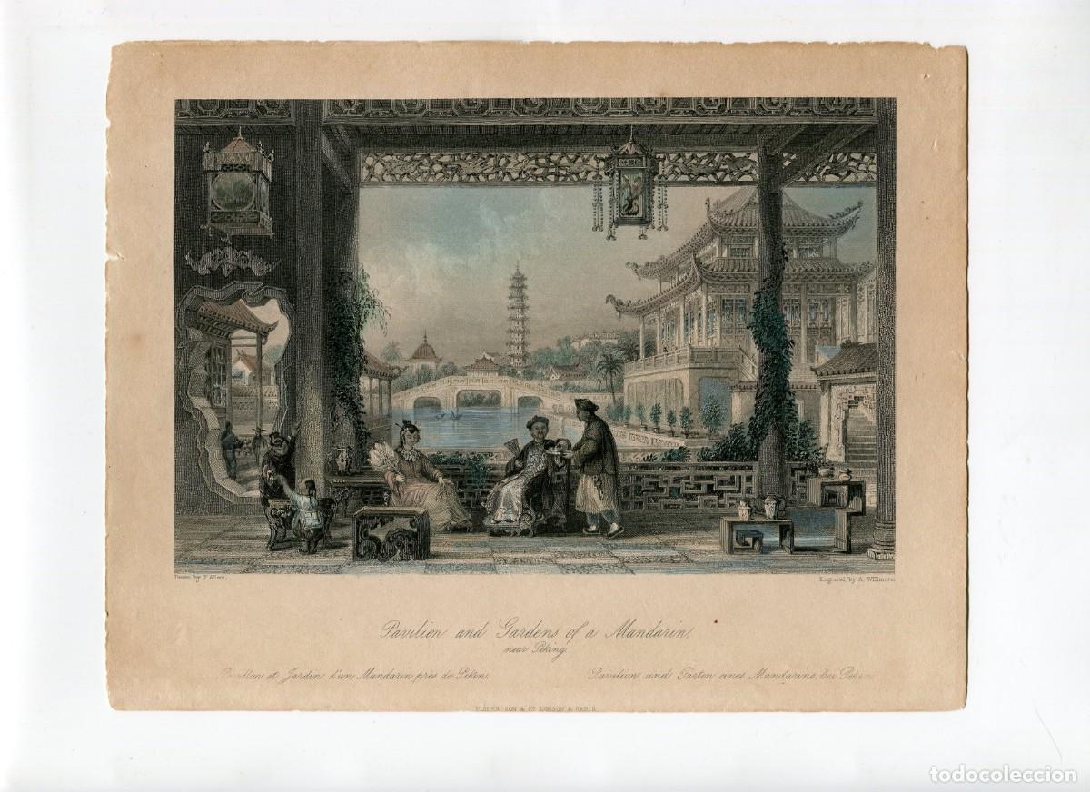 Arte: Pavilion and Gardens of a Mandarin.L&aacute;mina grabado acero por Henry Adlard, dibujo Thomas Allom, 1843