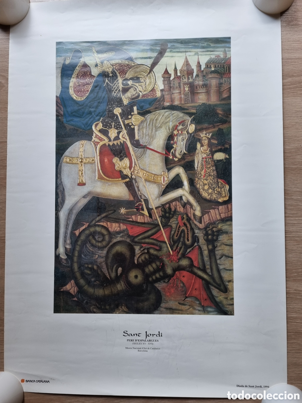 Kunst: Sant Jordi. L&aacute;mina antigua. Reproducci&oacute;n del pintor Pere d'Espalalargues S.XV. 49x70 cm. Precioso.