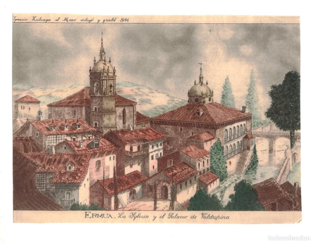 Arte: L&Aacute;MINA, ERMUA. LA IGLESIA Y EL PALACIO DE VALDESPINA, DIBUJADO POR IGNACIO ZULOAGA.- 22X16,3