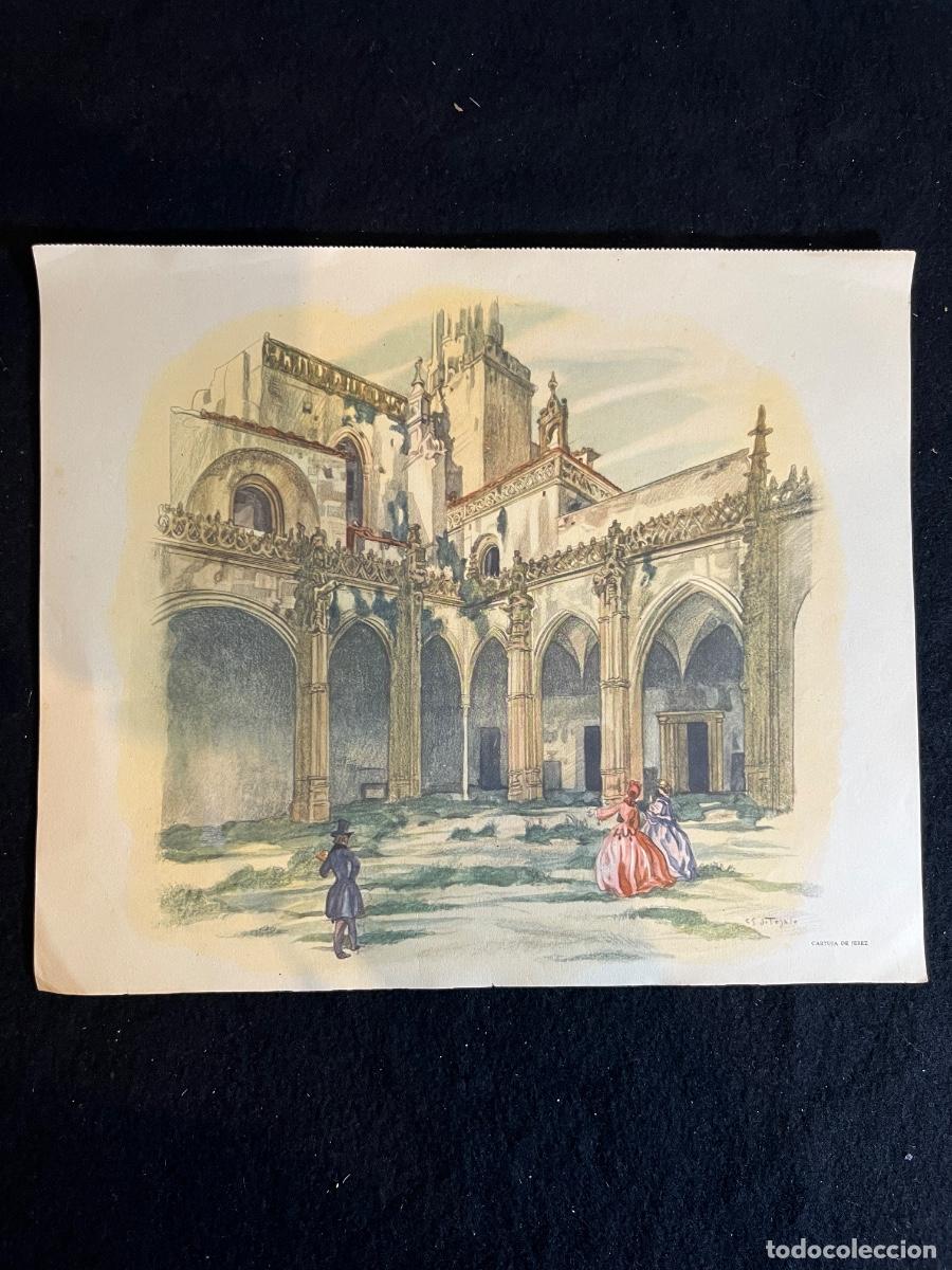 Arte: L&aacute;mina litogr&aacute;fica Cartuja Jerez Carlos S&aacute;enz de Tejada grabado vintage arte andaluz antiguo
