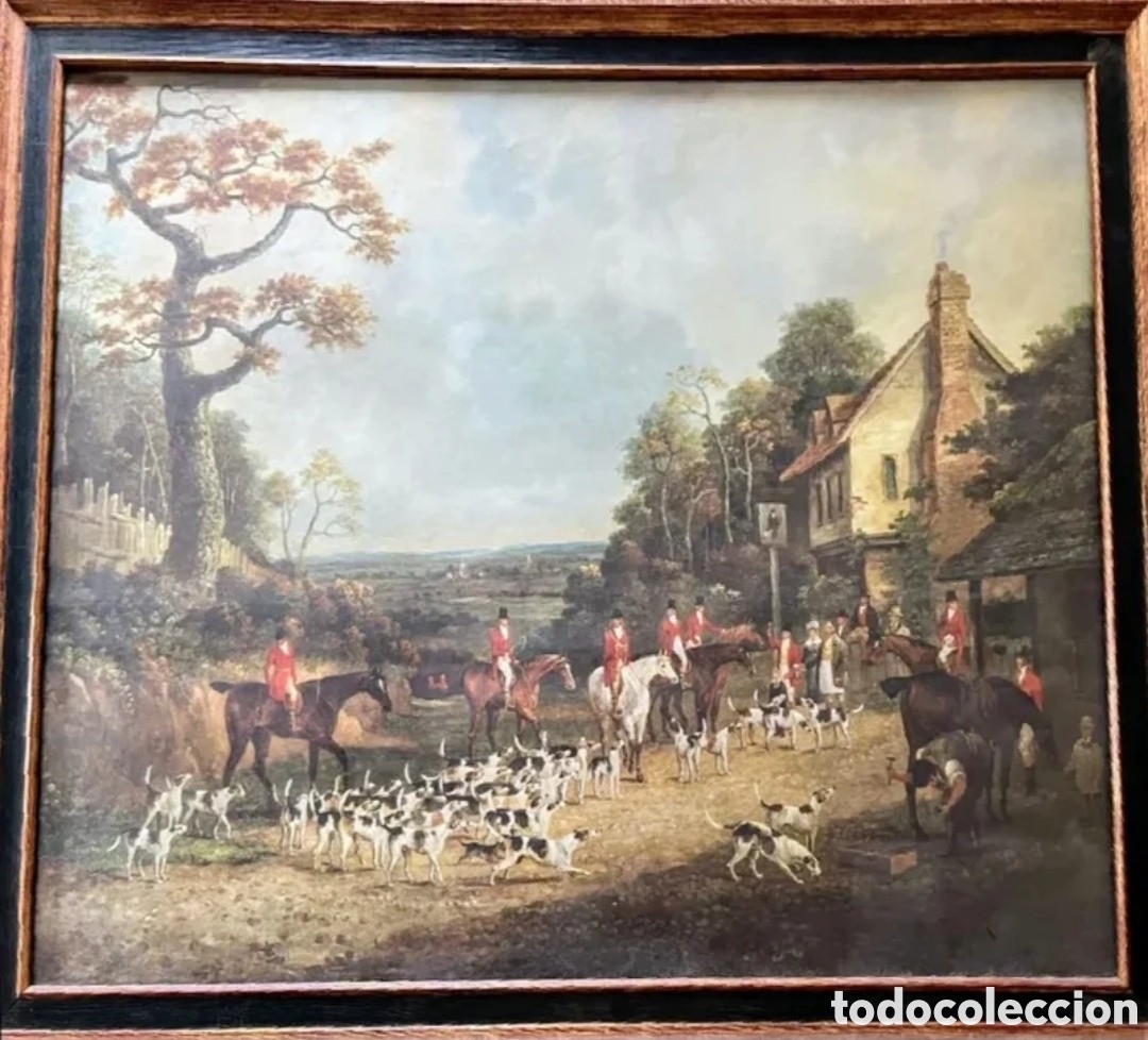Arte: L&aacute;mina enmarcada y con cristal que representa una cacer&iacute;a de zorro en Inglaterra. A&ntilde;os 60/70.
