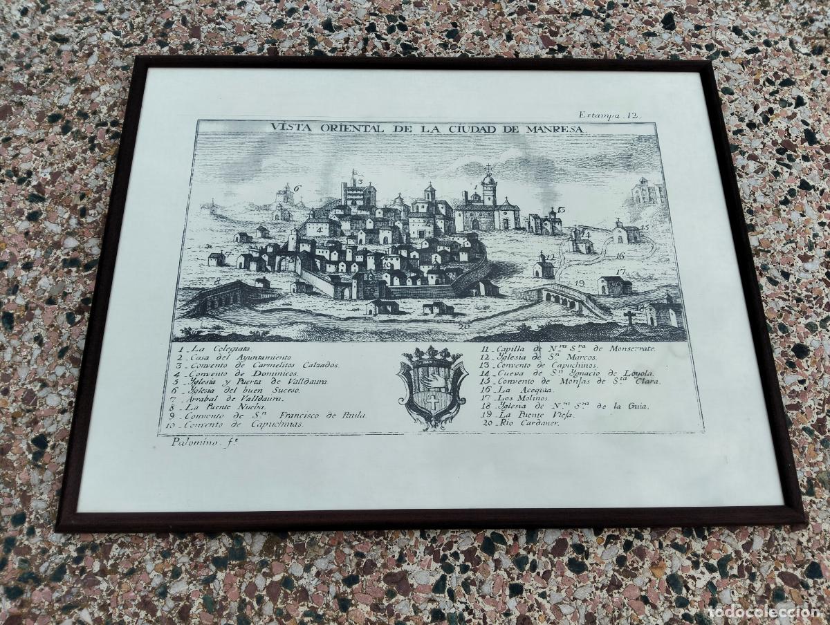 Arte: Vista oriental de la ciudad de Manresa l&aacute;mina antigua plano marco de madera 55 x 43 cm aprox.