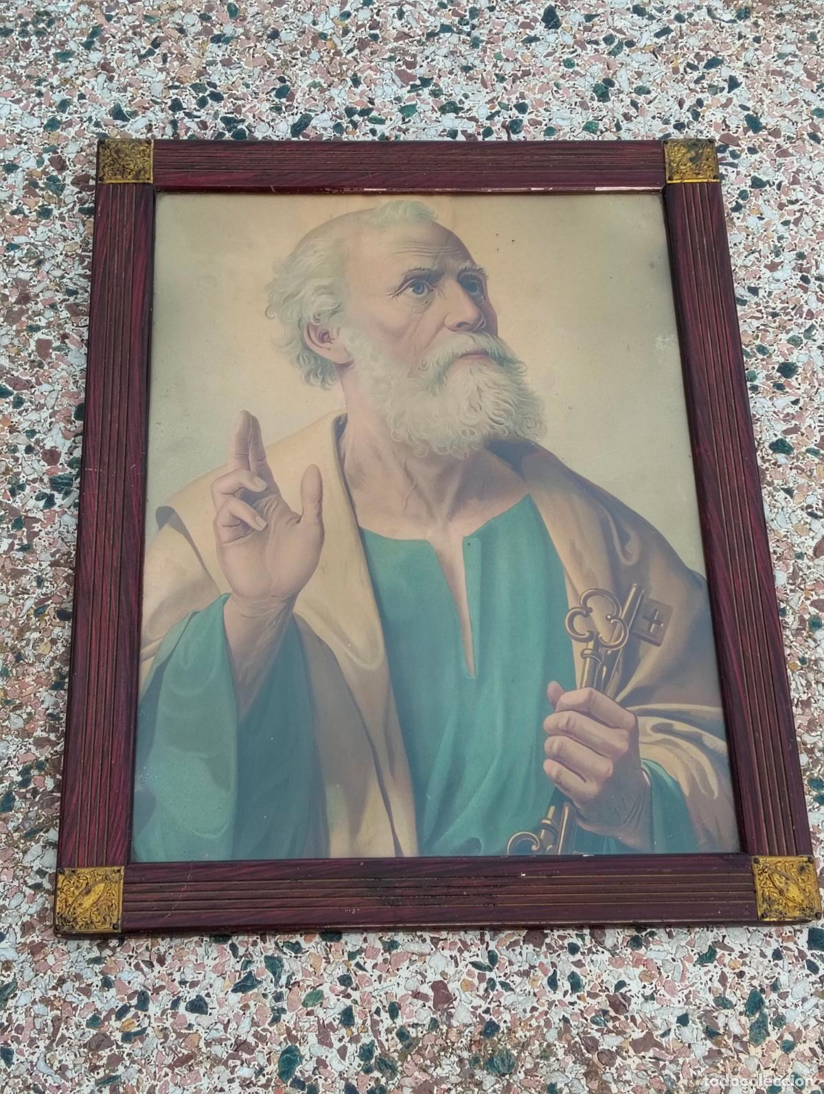 Arte: L&aacute;mina antigua San Pedro con llave marco madera Modernista molde esquina dorada 57,5 x 45 cm aprox.