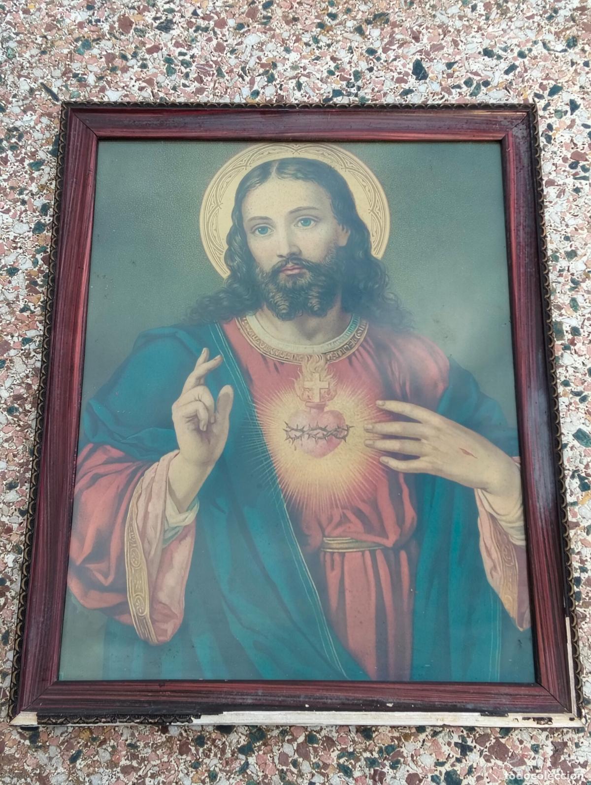 Arte: L&aacute;mina antigua Sagrado coraz&oacute;n de Jes&uacute;s Jesucristo marco de madera molde roto 56,5 x 44,5 cm aprox.