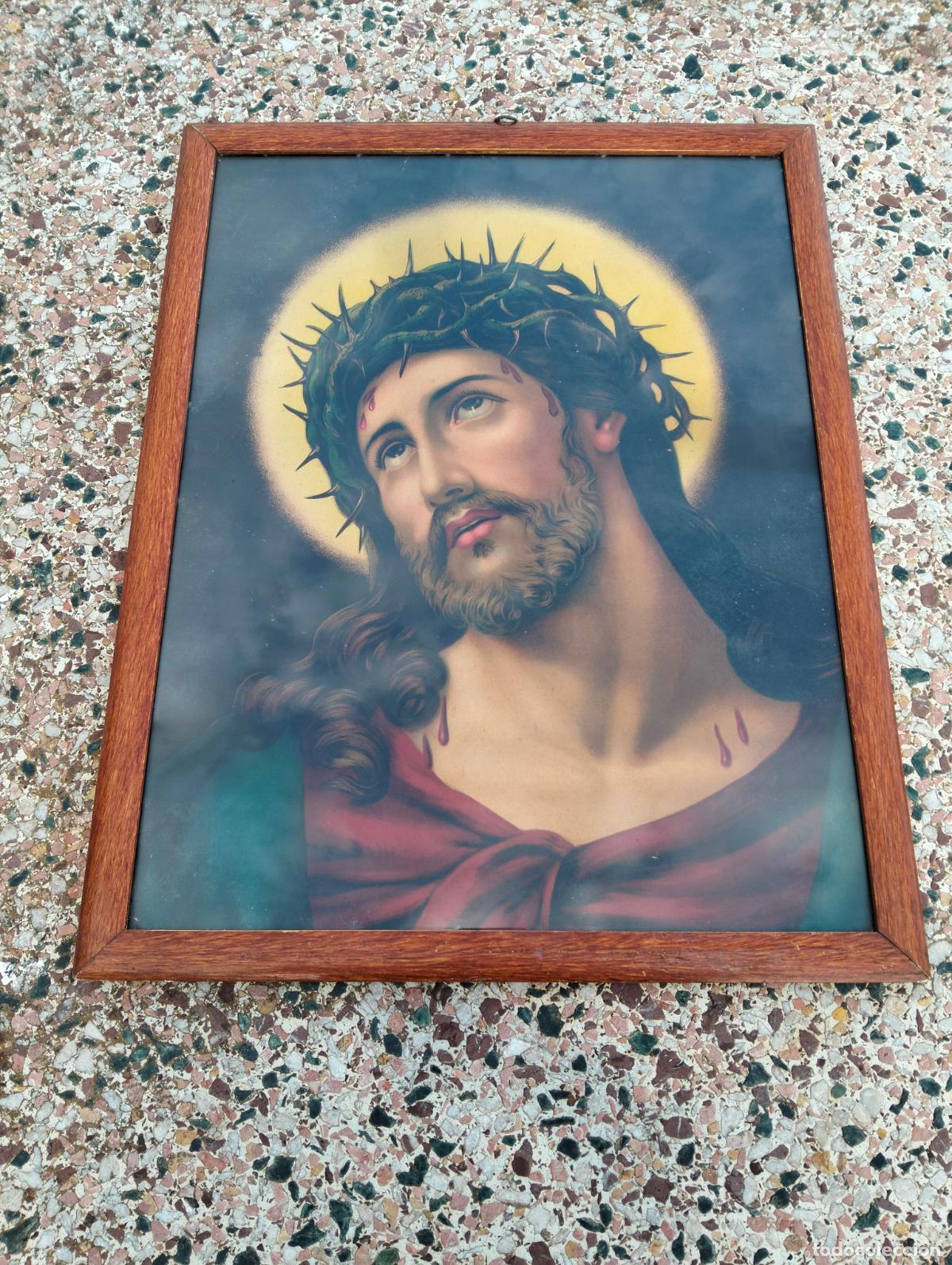 Arte: L&aacute;mina antigua Ecce Homo Jes&uacute;s corona Jesucristo marco de madera molde 56 x 43,5 cm aprox.