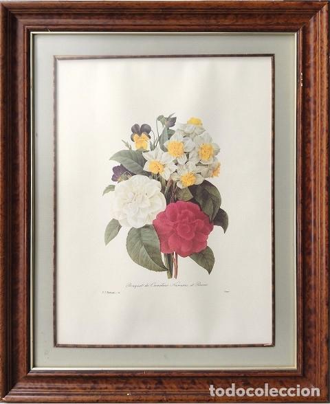 Arte: LAMINA ANTIGUA ENMARCADA CON CRISTAL BOUQUET DE CAMELIAS, NARCISSES ET PENS&Eacute;ES - CUADRO-1130