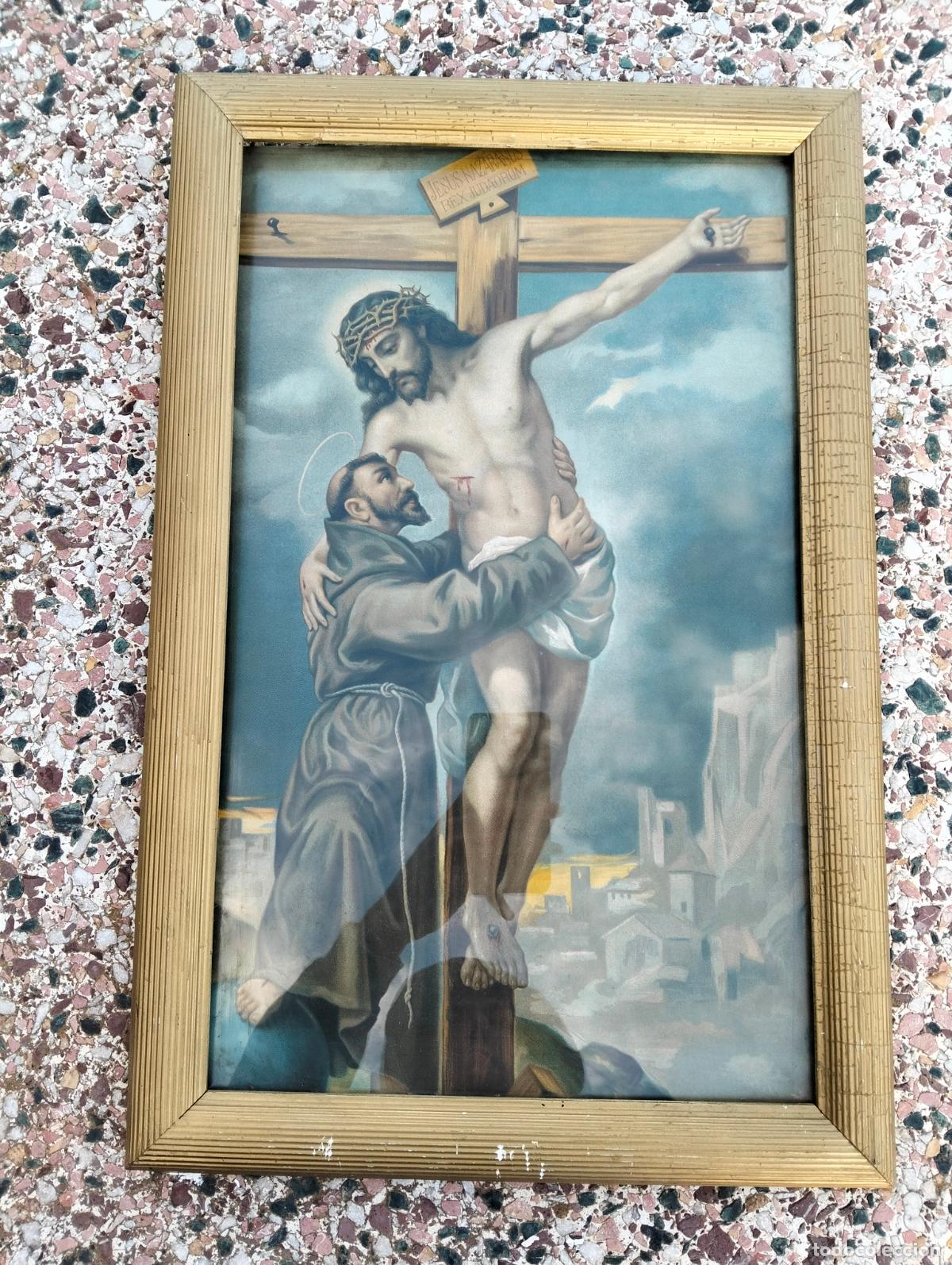 Arte: L&aacute;mina antigua Jes&uacute;s crucificado Jesucristo San Francisco de As&iacute;s marco madera dorado 52 x 33,5 cm
