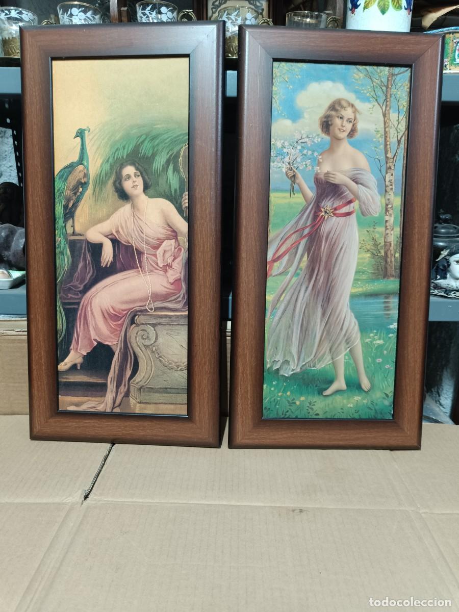 Arte: LOTE DE 2 ANTIGUOS CUADROS CON REPRODUCCIONES DE LAMINAS CARTELES MODERNISTAS, MUJERES -G2