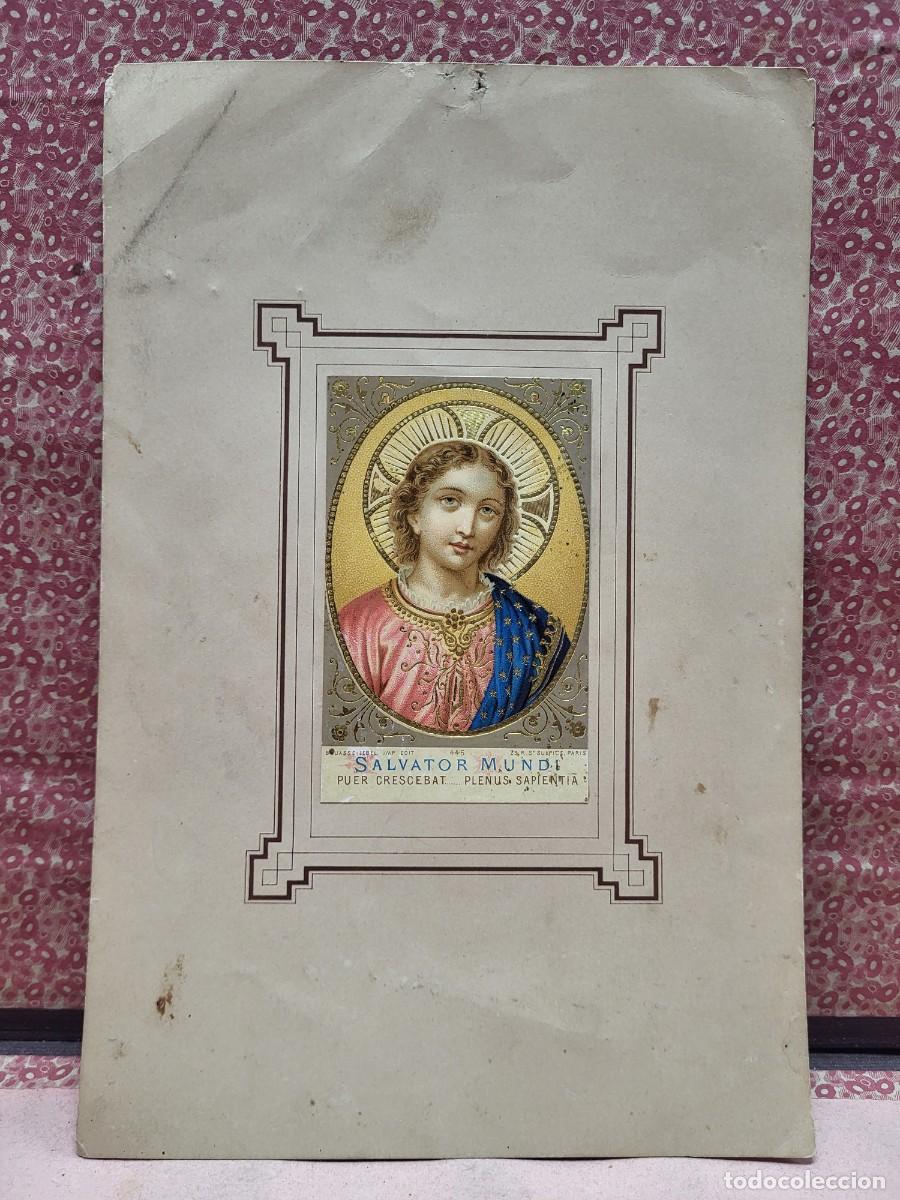 Arte: ANTIGUA LAMINA CROMOLITOGRAFIA RELIGIOSA SALVATOR MUNDI