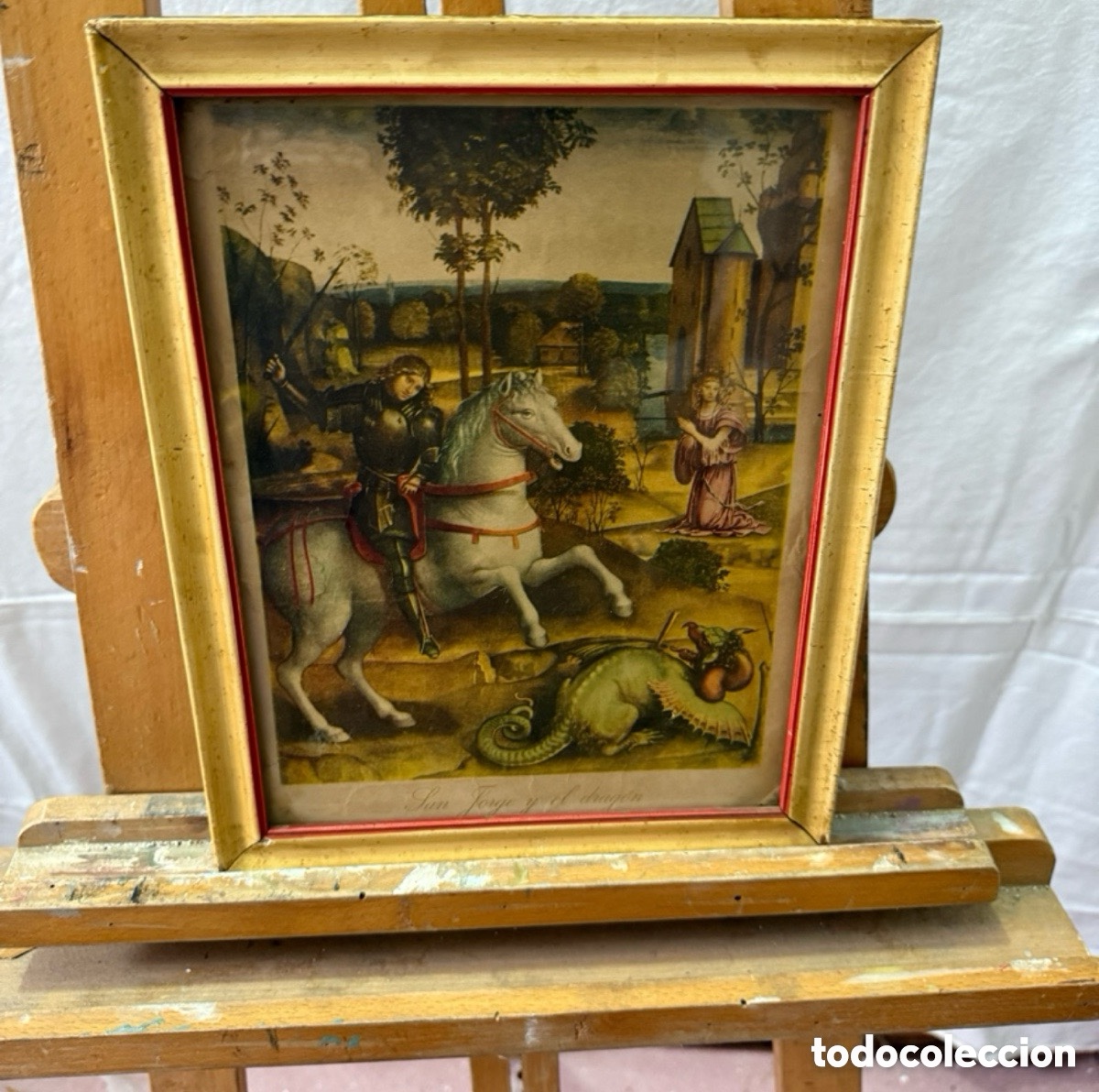 Arte: San Jorge y el drag&oacute;n. L&aacute;mina antigua enmarcada