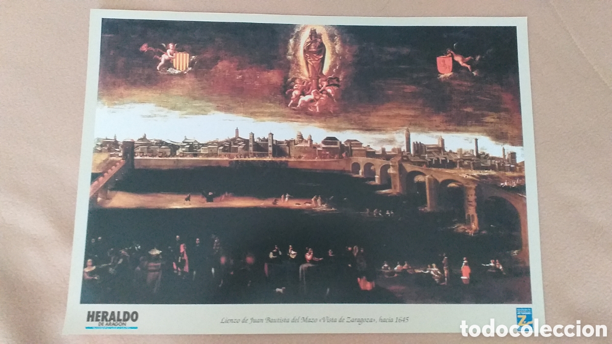 Arte: Antigua l&aacute;mina de un lienzo de Juan Bautista del Mazo. Vista de Zaragoza hacia 1645.
