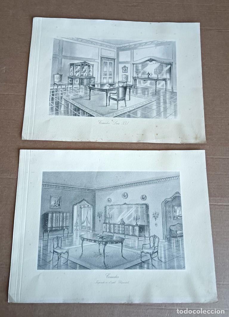 Arte: Dos l&aacute;minas antiguas de muebles comedor inspirado en el estilo Chipendale - el comedor Luis XVI